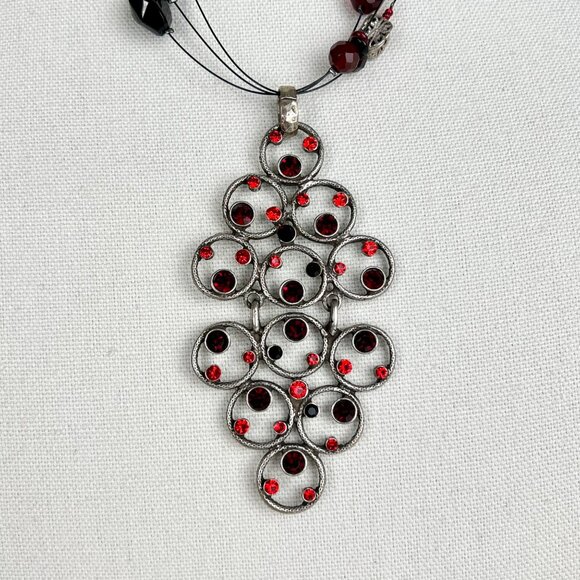 Chicos Antique Silver Red Black Pendant Necklace Earrings Matching Set - Picture 3 of 12